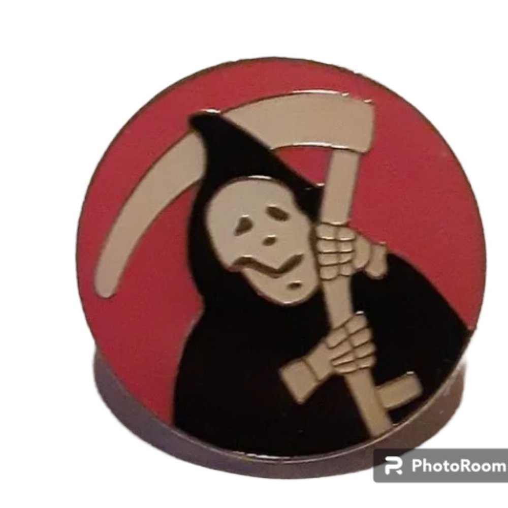 1" Round Enameled Lapel Pin Grim Reaper Black Red